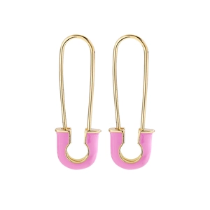 Macro detail of pink enamel safety pin earrings with polished golden metallic finish