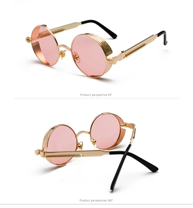 Steampunk round sunglasses with pink lenses and gold metal frames from 90 and 180 degrees