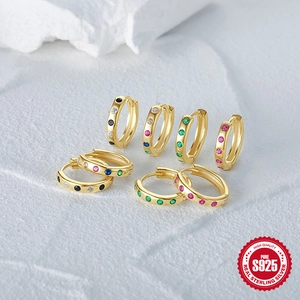 Classic S925 sterling silver hoop earrings with multicolored zircon on white stone