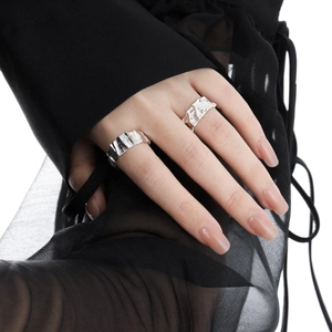 Minimalist S925 sterling silver adjustable rings with irregular crinkled texture for women