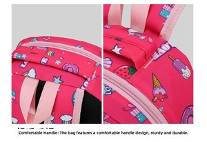 Close-up of pink backpack showing reinforced handle and adjustable shoulder straps