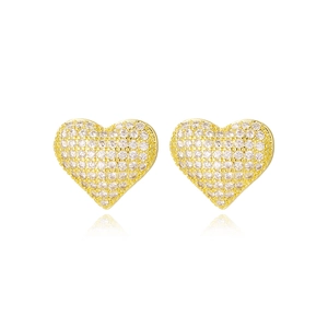 Sparkling gold heart stud earrings featuring full pavé zircon stones on white background