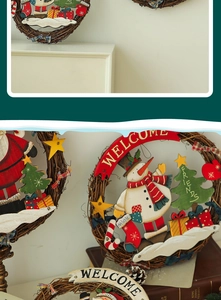 Close-up of rustic Christmas welcome wreath with wooden snowman and Santa Claus figures