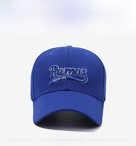 Detail of 3D embroidered Ramax letters on a navy blue structured baseball cap