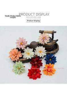 Macro detail of artificial silk dahlia heads in nine colors for DIY floral arrangements