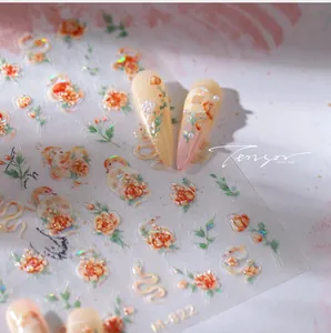 Detailed laser embossed nail stickers with vintage rose and snake patterns style M-822