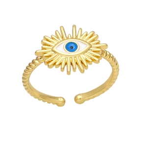 Golden Evil Eye open ring with twisted band and blue sunburst design for women