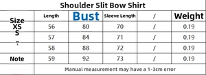 Detailed size chart for cold shoulder bow shirt with length and bust measurements