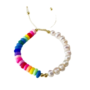 Rainbow polymer clay and freshwater pearl bracelet with adjustable cord and gold accents