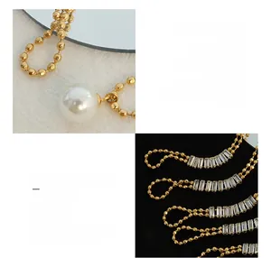 Detailed view of 18K gold plated titanium bracelet with pearls and zircon stones