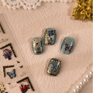 French oil painting style butterfly nail stickers with gold foil and grey-blue floral designs