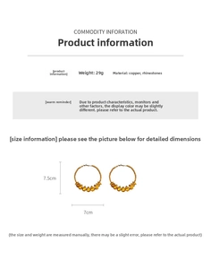 Detailed technical diagram of large round earrings with gold beads and yellow water drop rhinestones