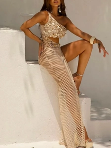 Robe Crochet Maille Évidée Une Épaule Femmes Décor Coquillages Fendue Transparente Style Plage Vacances