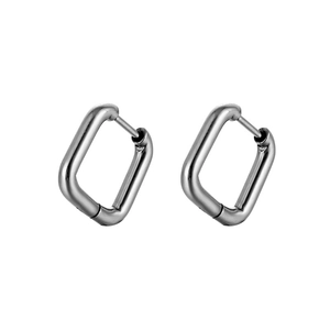 Detailed view of square geometric stainless steel hoop earrings in polished silver finish