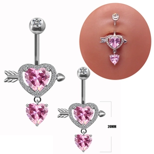 Detail showing pink heart zircon belly ring with arrow design and 20mm height mark