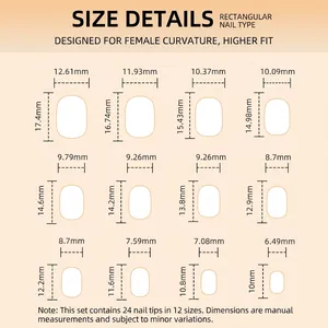 Size chart for 24pcs short round cat eye press-on nails with 12 detailed dimensions