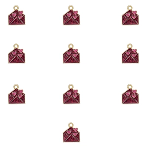 Detailed view of ten red glitter envelope charms with pink hearts for DIY jewelry making