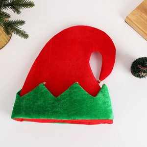 Festive red and green velvet elf hat with golden bells and classic curved top design
