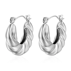 Fashionable silver stainless steel hoop earrings with twisted texture and metallic shine