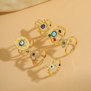 Evil Eye Hamsa Hand Adjustable Rings For Women Vintage Bohemian Copper Gold Plated With Zircon Enamel Protective Jewelry