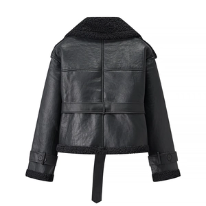 Women's black faux leather shearling biker jacket with belt viewed from the back