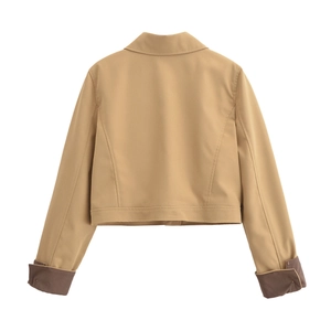 Veste courte d'automne pour femme kaki avec poignets contrastés marron et tissu tissé