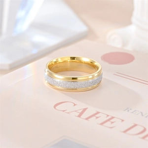 Macro shot of matte silver center and polished gold edges of the titanium steel ring