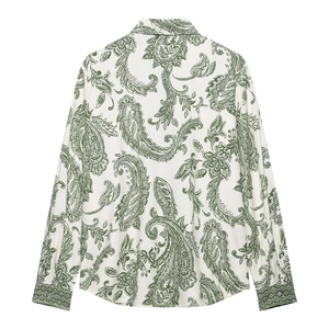 Women's green paisley print long sleeve shirt with a relaxed fit and curved hemline
