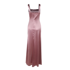 Detail view of pink satin dress back with square neckline and invisible zipper closure