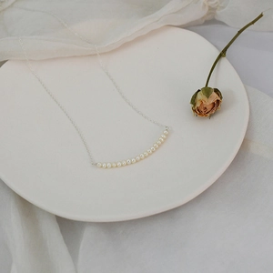 Minimalist freshwater pearl necklace on a white porcelain dish with dried rose accents
