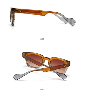Detail view of two-tone tortoiseshell sunglasses with leopard-shaped temples and brown lenses