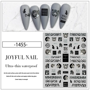 Macro detail of ultra-thin leopard and zebra print nail stickers with grey matte finish
