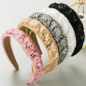 Women Wide Padded Sequin Headband Handmade Beaded Sparkly Hair Band Vintage Glitter Wavy Hair Accessories For Party Banquet