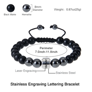 Adjustable 8mm black matte bead bracelet with engravable stainless steel cylinder
