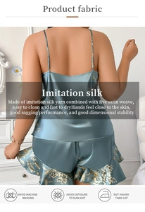 Detail view of teal satin pajamas with care instructions and fabric characteristics