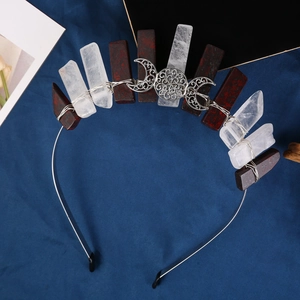 Close-up of handmade crystal crown with silver wire and triple moon goddess detail