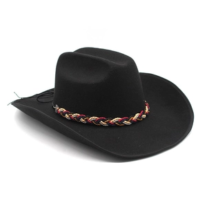 Classic black wool felt cowboy hat with colorful woven band and rolled wide brim