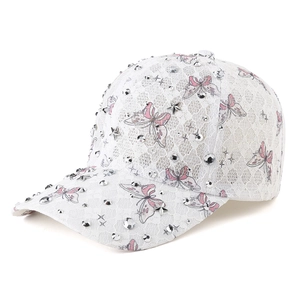 White lace baseball cap with butterfly print and rhinestone studs for sun protection