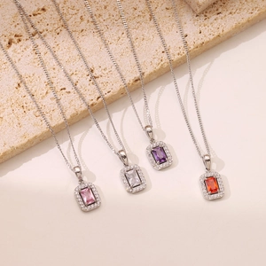 Chic square zircon pendant necklaces in four colors with polished silver chain
