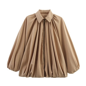 Chemise en popeline kaki à manches bouffantes avec design plissé et fermeture éclair