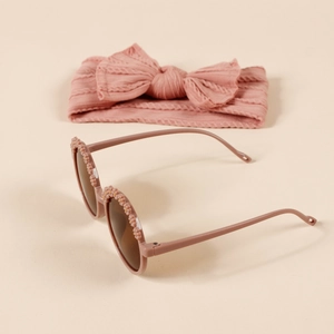 Kinder-Stirnband und Sonnenbrille Set in Altrosa mit Jacquard-Schleife und Perlenrand