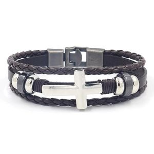 Men's vintage brown leather multilayer bracelet with silver metal cross and beads