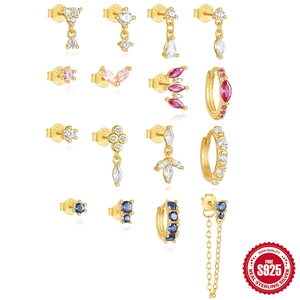 925 Sterling Silver Earring Post For Women Gold Plated Marquise Zircon Hoop Stud Minimalist Trendy Ear Jewelry