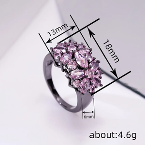 Floral black metal geometric ring with pink zircons and detailed product dimensions