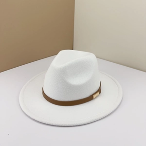 White flat brim wool jazz fedora hat with a dark brown leather band and gold buckle