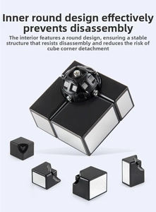 Detail view of the silver mirror cube's inner core structure and internal mechanism