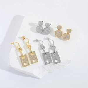 Minimalist geometric hollow square and double ball earrings with sparkling pavé zircons
