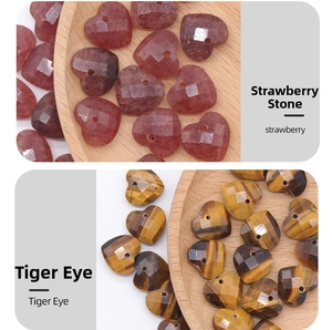 Macro shot of faceted heart-shaped strawberry quartz and tiger eye stones for DIY jewelry