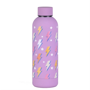 Detail view of purple stainless steel water bottle with lightning and star patterns