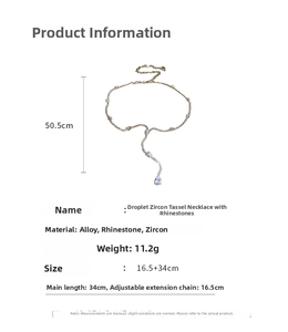 Detail specifications of gold teardrop tassel necklace with cubic zirconia and chain length